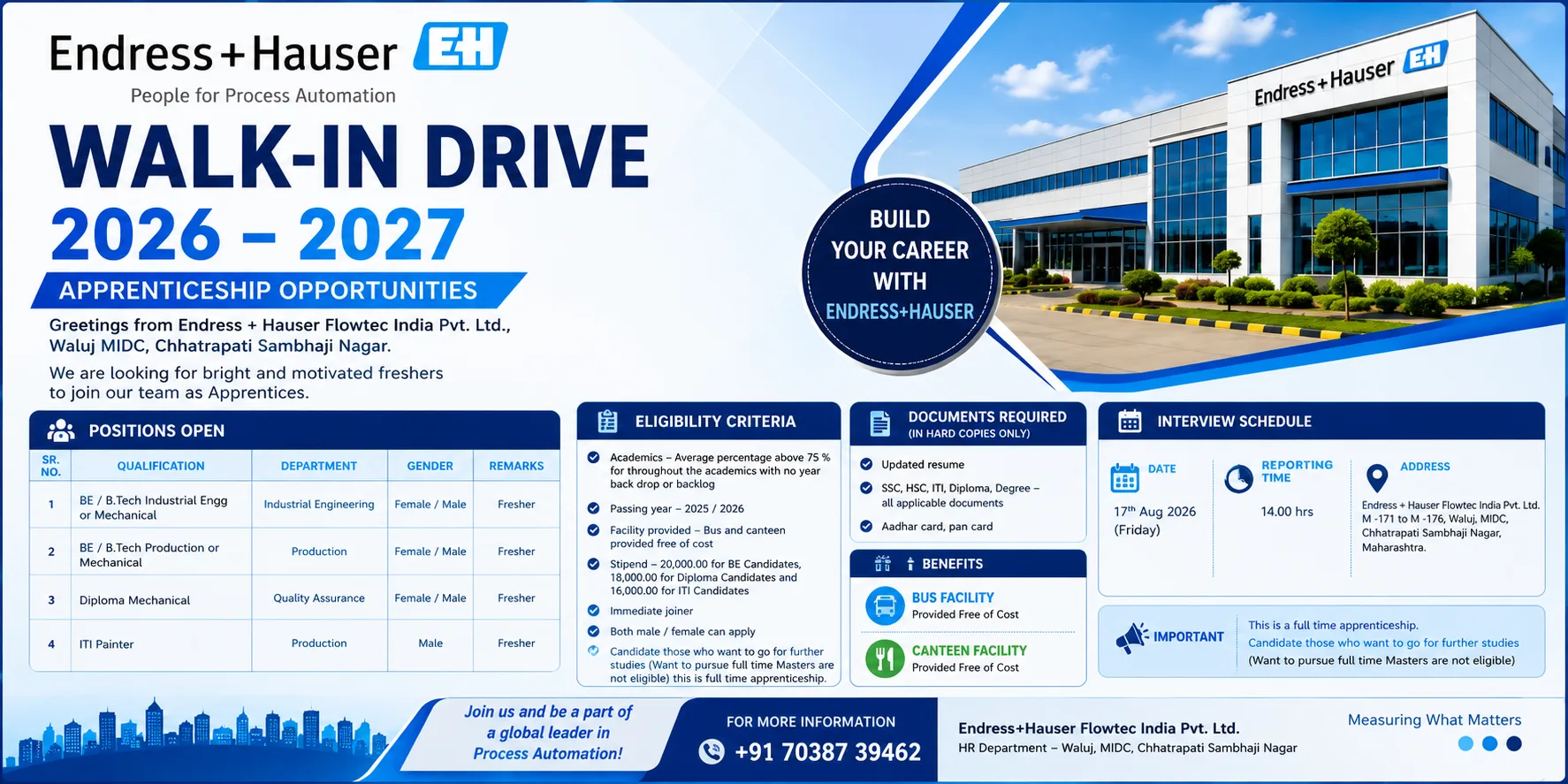 Endress+Hauser Flowtec India Pvt. Ltd. — Walk-in Drive 2026-2027 — Apprenticeship — Waluj MIDC, छ. संभाजीनगर