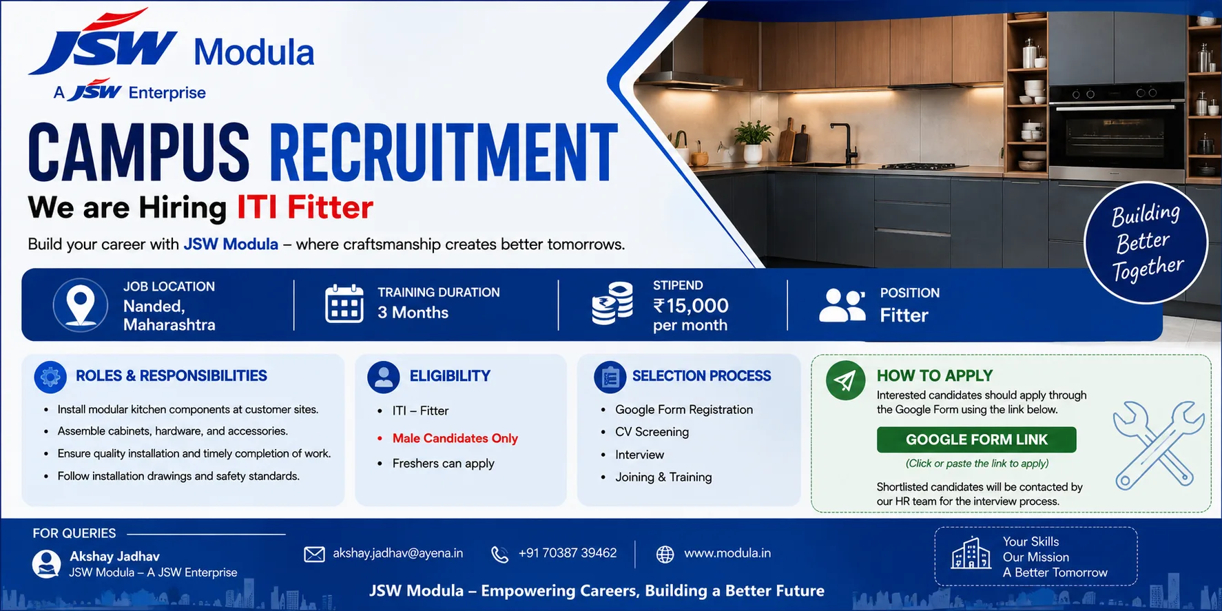 JSW Modula (A JSW Enterprise) — Campus Recruitment — ITI Fitter — Nanded, Maharashtra — ₹15,000/month