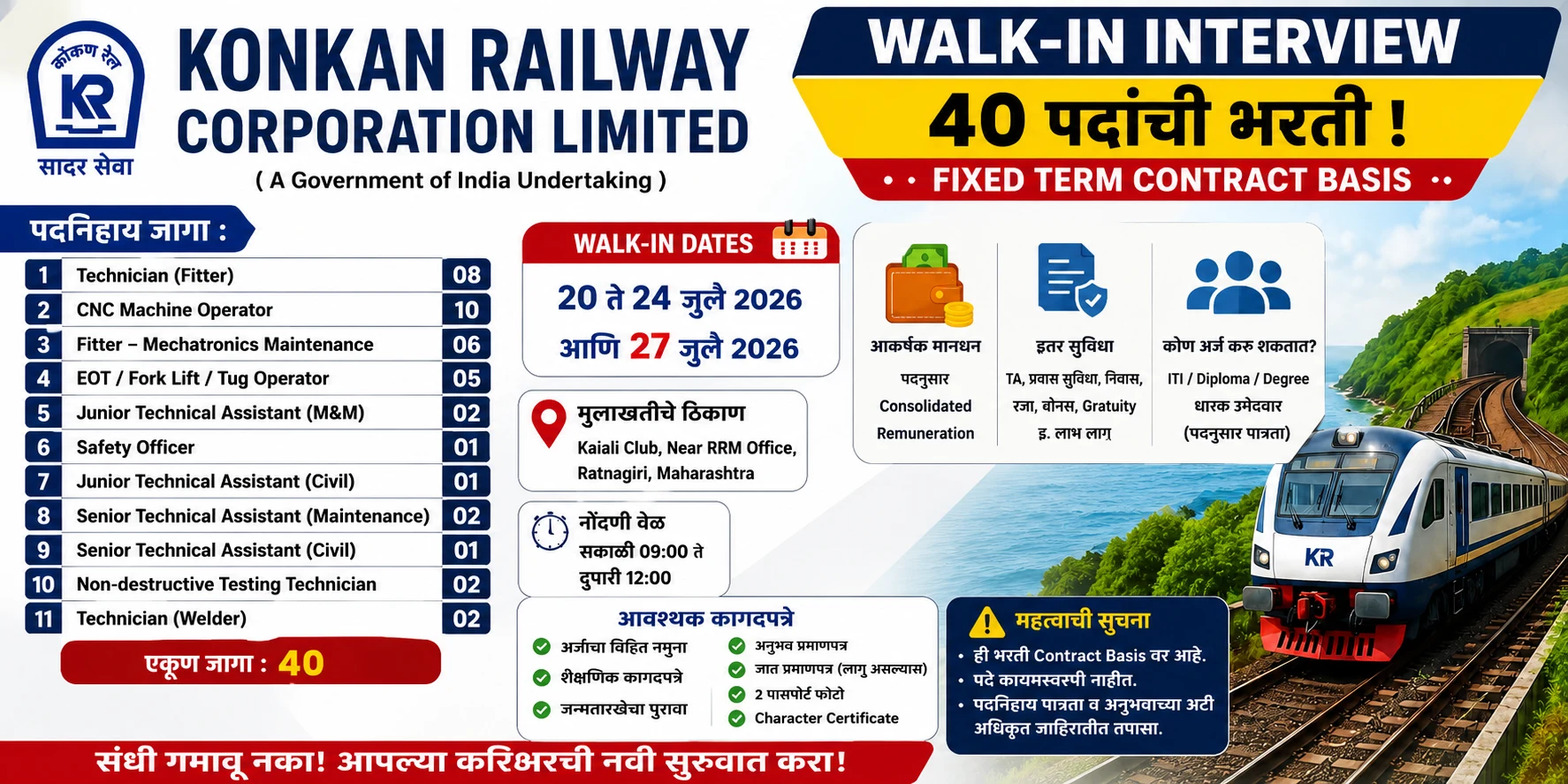 Konkan Railway Corporation Limited — वॉक-इन इंटरव्ह्यू — 40 पदांची भरती (Fixed Term Contract) — Technician Fitter, CNC Operator, Welder इ.