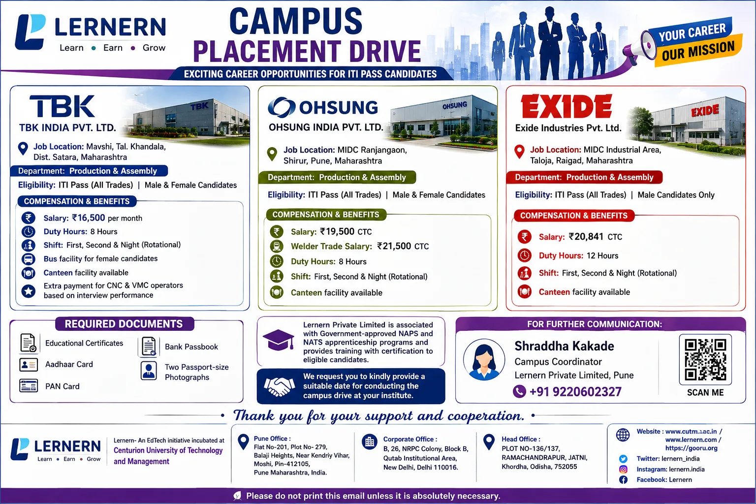 Lernern — Campus Placement Drive — TBK India, Ohsung India, Exide Industries — ITI Pass सर्व ट्रेड