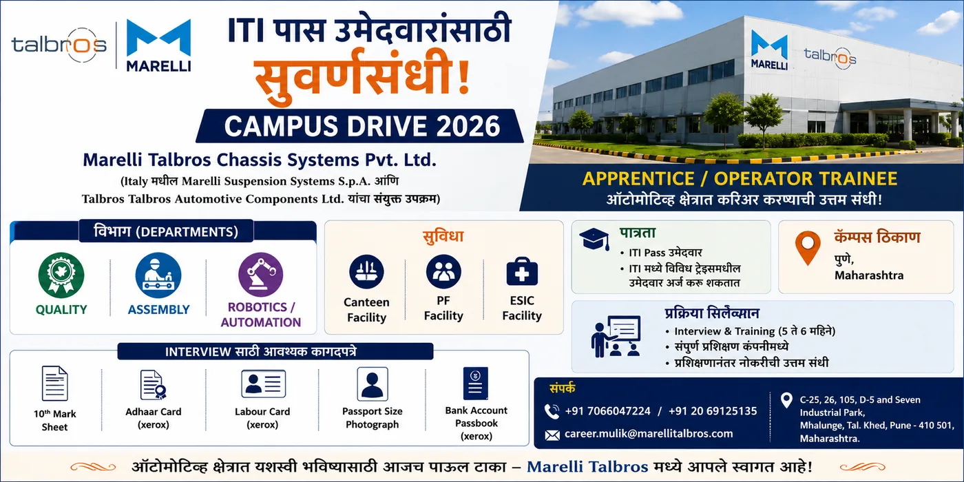 Marelli Talbros Chassis Systems, फुलगाव पुणे — Campus Drive 2026 — Apprentice/Operator Tra