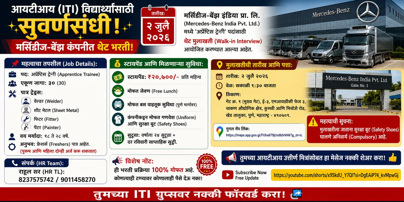 Mercedes-Benz India Pvt. Ltd., चाकण पुणे — थेट भरती (Walk-in) — अप्रेंटिस ट्रेनी 30 जागा •