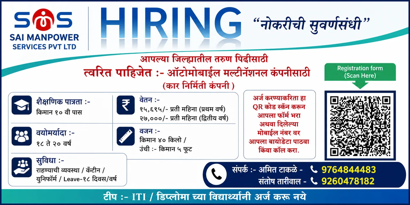 Sai Manpower Services — ऑटोमोबाईल कार निर्मिती कंपनीसाठी भरती — किमान 10वी पास • वेतन ₹15,