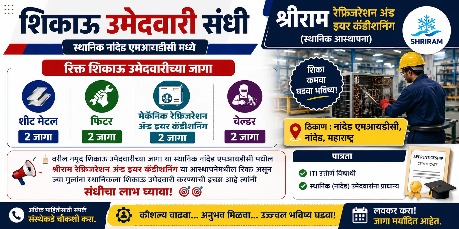 श्रीराम रेफ्रिजरेशन अँड इयर कंडीशनिंग — शिकाऊ उमेदवारी संधी — नांदेड MIDC — Sheet Metal, Fitter, Mech. RAC, Welder