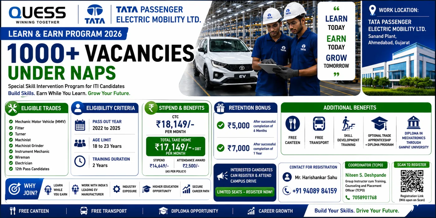 Tata Passenger Electric Mobility (QUESS) — Learn & Earn 2026 (NAPS) — 1000+ जागा • ट्रेड: 