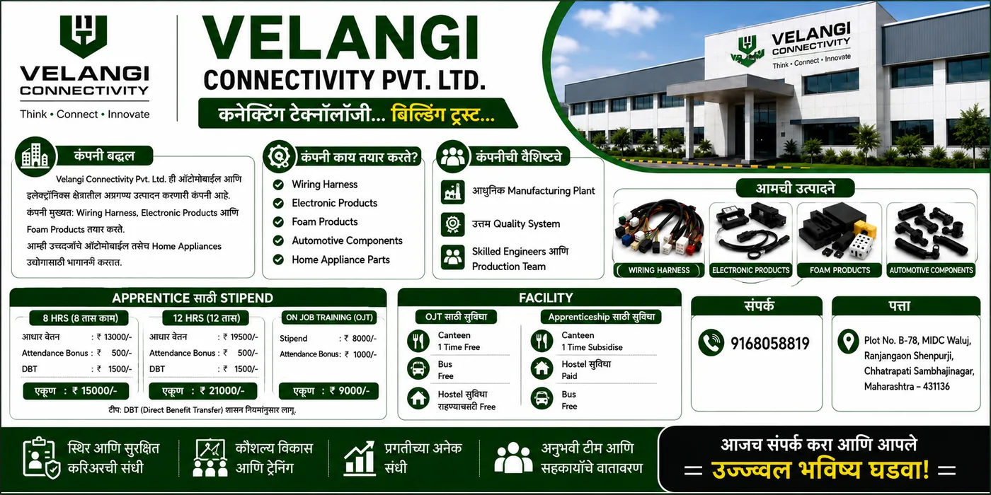 Velangi Connectivity Pvt. Ltd., MIDC वाळूज — OJT व अप्रेंटिस भरती — Wiring Harness, Electr